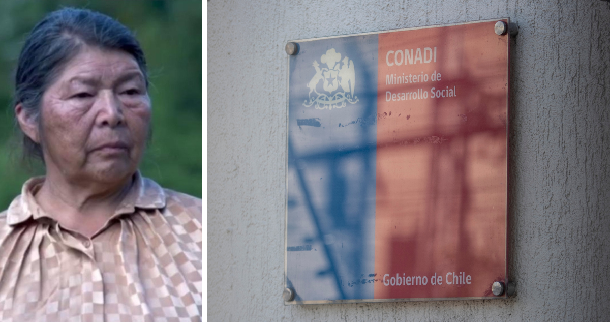 Imagen de Julia Chuñil y frontis de oficina de la Conadi