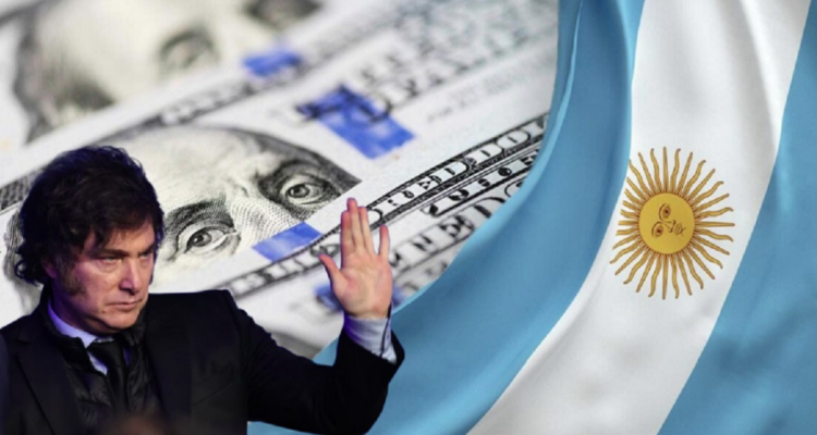 Composición de imágenes, con Javier Milei el dólar y la bandera argentina.