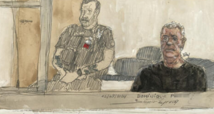 Ilustración que muestra al acusado, Dominique Pelicot, durante el juicio | RFI
