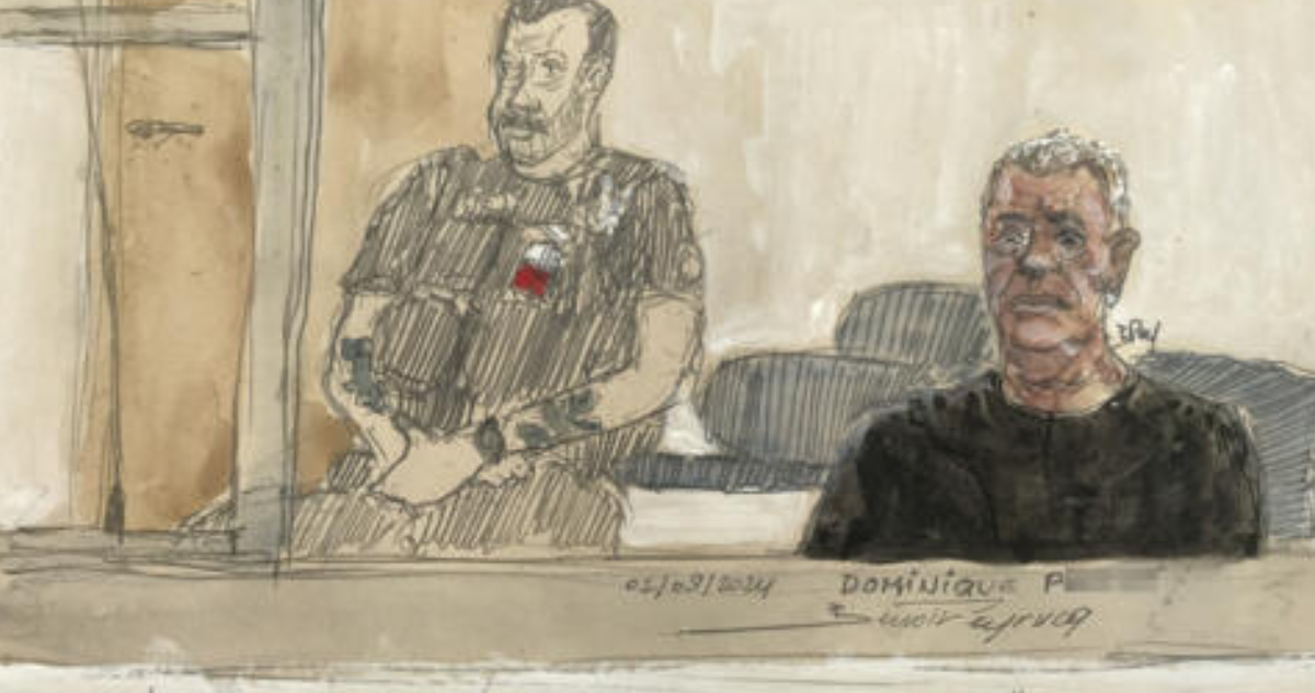 Ilustración que muestra al acusado, Dominique Pelicot, durante el juicio | RFI
