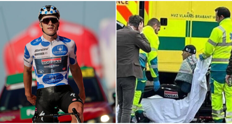 Remco Evenepoel compitiendo y posteriormente, tras el choque en Bélgica