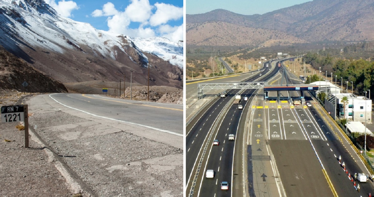 Ruta 7 en Argentina (a la izquierda) y las autopistas chilenas (a la derecha)