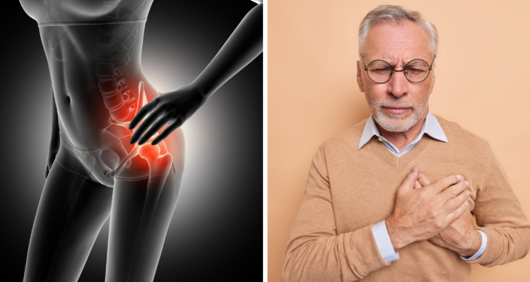Ilustracion de fractura de cadera y de adulto sufriendo enfermedad cardiovascular en referencia a vinculación entre ambas afecciones