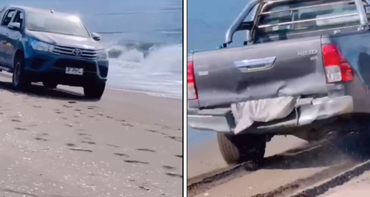 Conductor cruzando playa en Lota con sus patentes tapadas