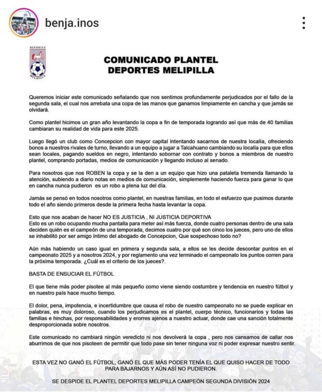 Comunicado de plantel de Melipilla.