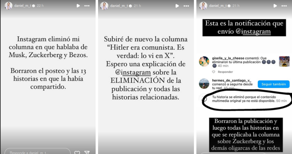 Instagram Stories compartidas por Daniel Matamala en referencia a supuesta censura de Instagram