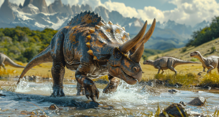 Ilustración generada con Inteligencia Artificial de dinosaurios en referencia a origen en Gondwana