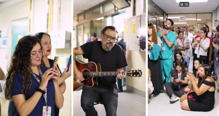 Capturas de video donde se ve a Claudio Valenzuela de Lucybell haciendo un mini concierto en la Posta Central tras atender a su hija