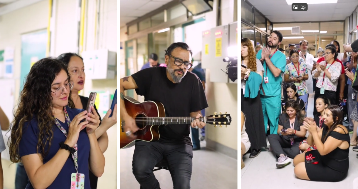 Capturas de video donde se ve a Claudio Valenzuela de Lucybell haciendo un mini concierto en la Posta Central tras atender a su hija