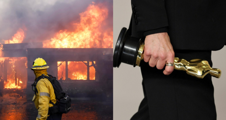 Incendios en Los Ángeles y fotografía de una estatuilla de los Premios Óscar en referencia a retraso de las nominaciones