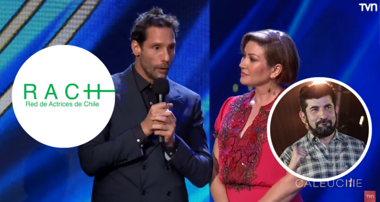 Gonzalo Valenzuela en Premios Caleuche, Roberto Farías y logo de la Red de Actrices de Chile