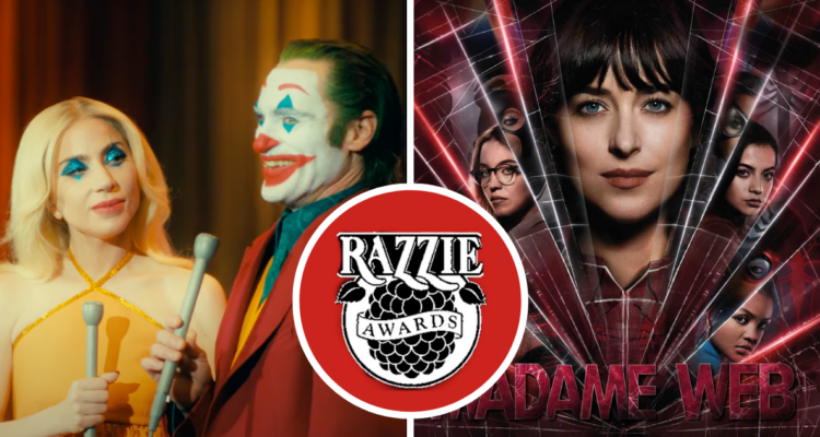 Fotografías de Joker 2, Madame Web y logo de Razzie en referencia a nominados a lo peor del cine