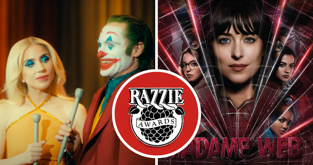 Fotografías de Joker 2, Madame Web y logo de Razzie en referencia a nominados a lo peor del cine