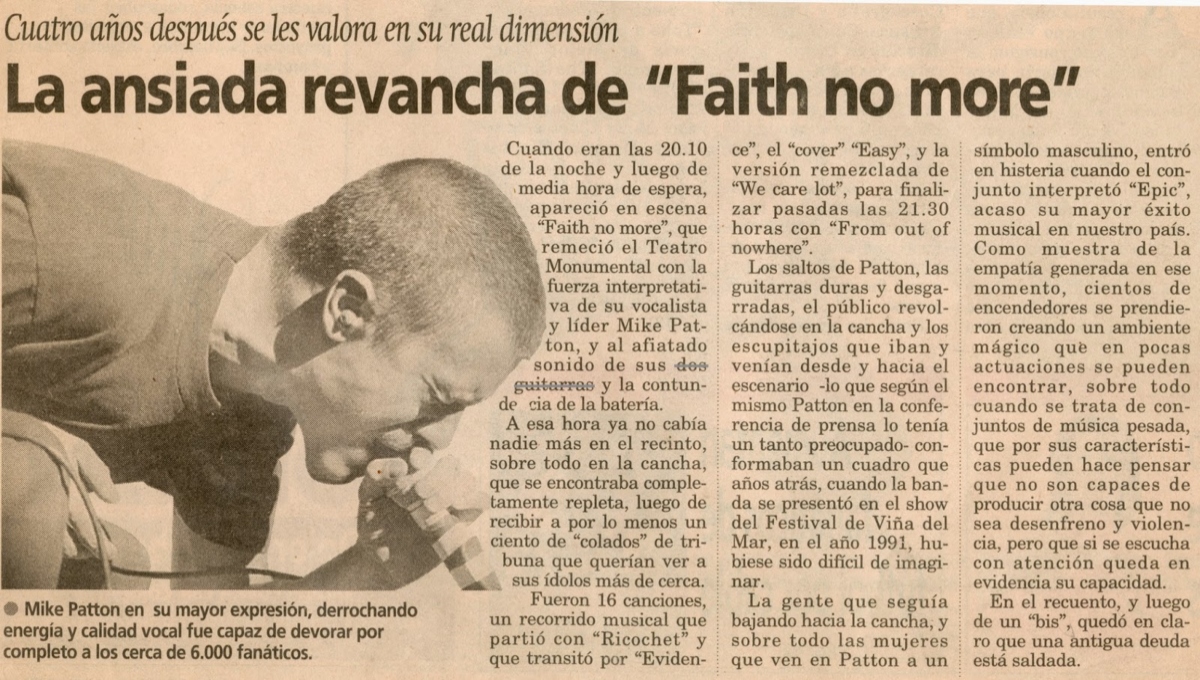 Recorte de prensa sobre Faith no More en Monster of Rock