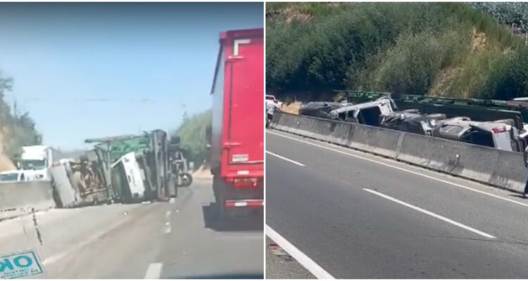 Camión que transportaba vehículos nuevos vuelca en Ruta del Itata y genera principio de incendio