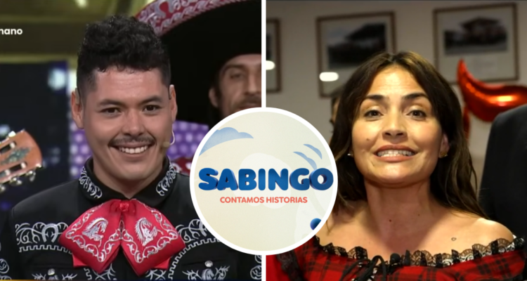 Comediante Ricardo Badillo (izquierda), Carmen Gloria Bresky, conductora de ‘Herederos de una tradición’ de Sabingo (derecha) y logo de Sabingo en miniatura