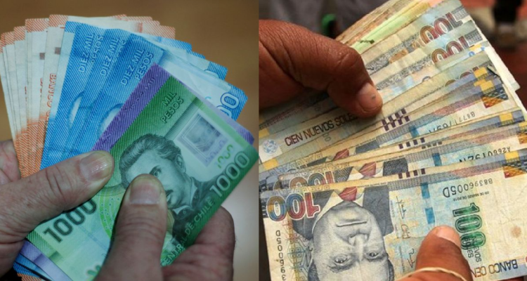 Billetes, comparativa sueldo mínimo en Chile y Perú.