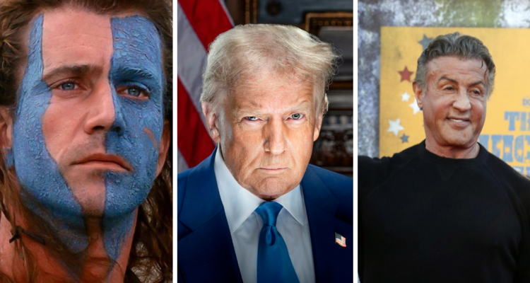 Mel Gibson en Corazón Valiente, Donald Trump en fotografía oficial y Sylvester Stallone en referencia a nombramiento como embajadores especiales de Hollywood