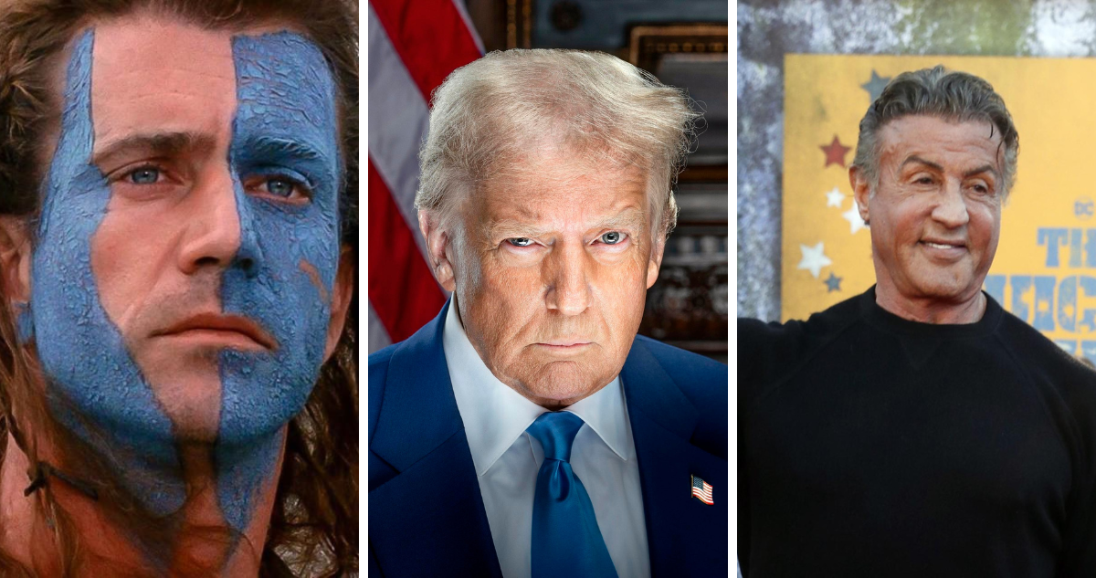 Mel Gibson en Corazón Valiente, Donald Trump en fotografía oficial y Sylvester Stallone en referencia a nombramiento como embajadores especiales de Hollywood