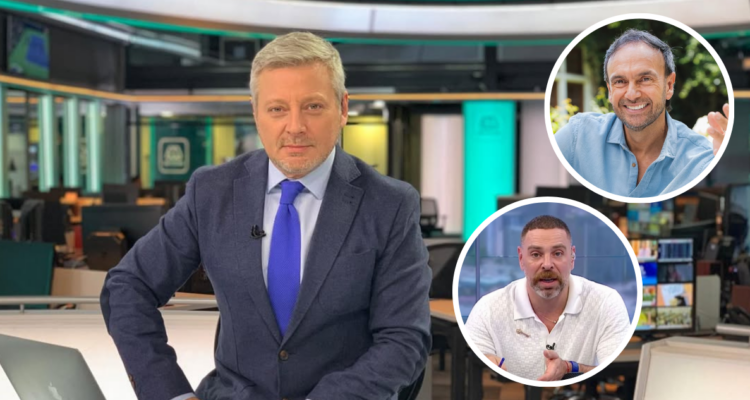 Juan Manuel Astorga en Meganoticias, junto a miniaturas de José Antonio Neme y Rodrigo Sepúlveda