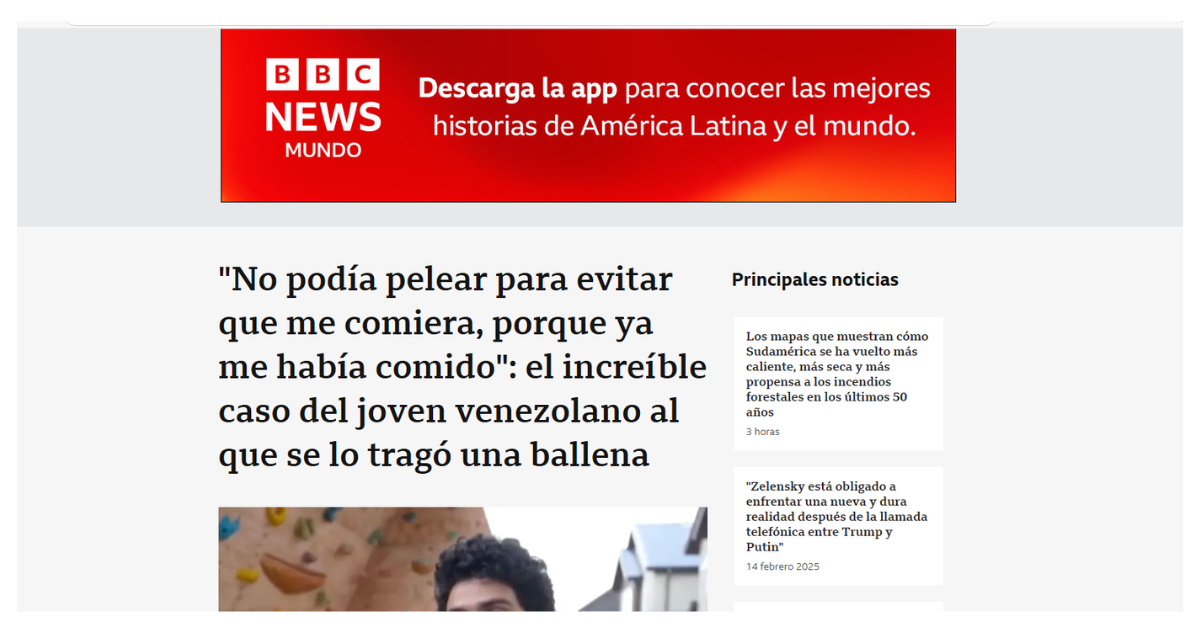 BBC News y noticia de joven tragado y expulsado por ballena
