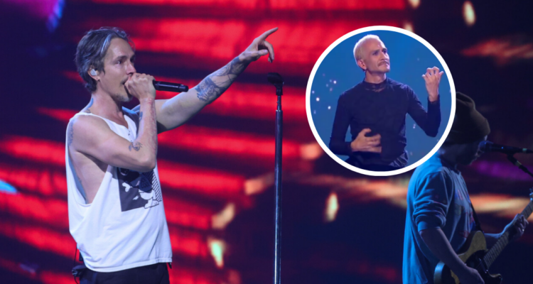 Brandon Boyd de Incubus en el Festival de Viña 2025 y minuatura de interprete de lengua de señas, Andrés Herrera