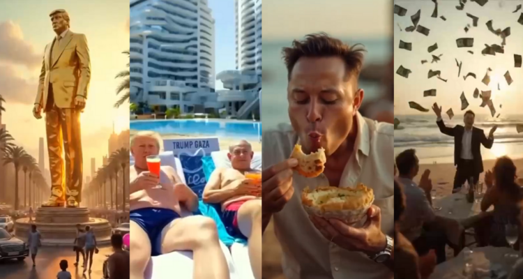Trump crea con IA video de su Gaza soñada: estatuas doradas, Elon Musk comiendo y Netanyahu en piscina