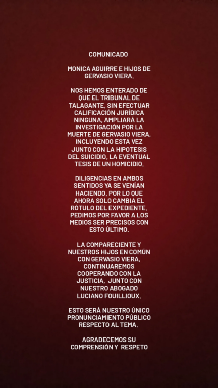 Comunicado Familia de Gervasio sobre el cambio en la rotulación del expediente