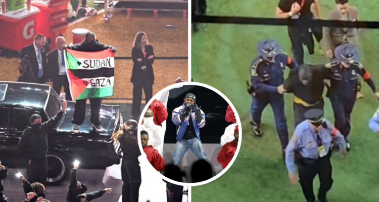 Manifestante en show de medio tiempo del Super Bowl