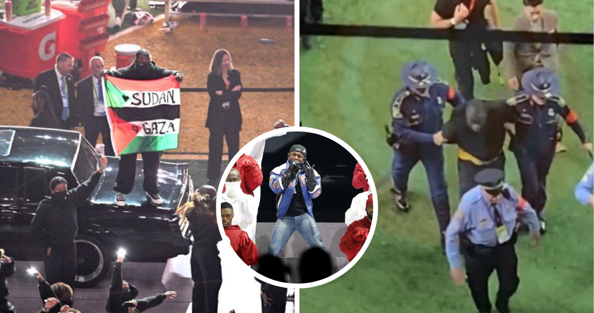 Manifestante en show de medio tiempo del Super Bowl