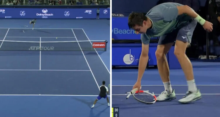 Tenista Alexander Shevchenko destrozó su raqueta mientras servía.