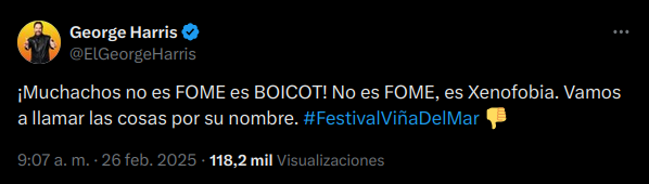 Tweet de George Harris en Twitter sobre el Festival de Viña