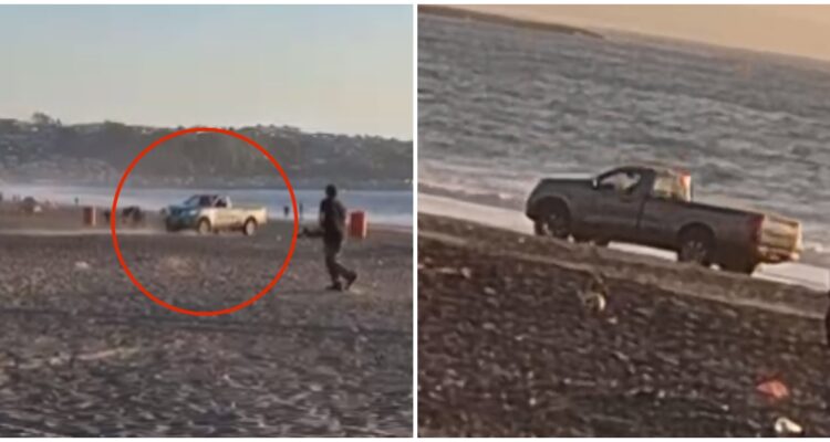 Camioneta circulando en playa blanca de Coronel