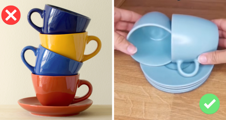 El “truco japonés” para dejar espacio en los muebles de cocina, sin colocar una taza sobre otra
