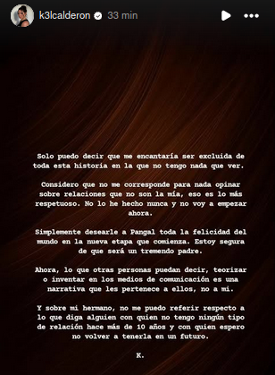 Mensaje de Kel Calderón en su cuenta de Instagram