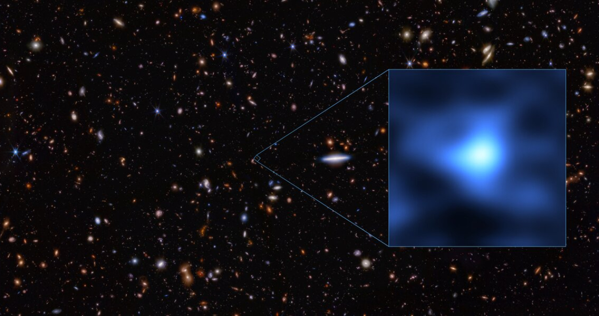 Esta imagen muestra la ubicación precisa en el cielo nocturno de la galaxia JADES-GS-z14-0, la más lejana hasta ahora, donde se detectó oxígeno