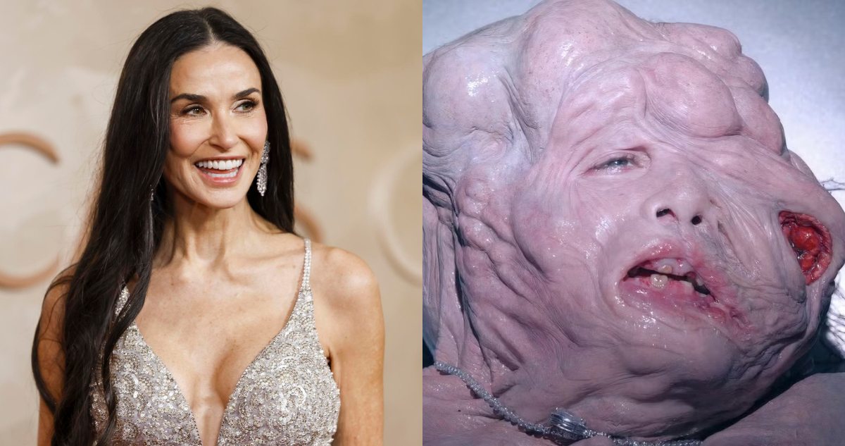 Demi Moore y personaje en La Sustancia en referencia a premio Óscar a Mejor Maquillaje