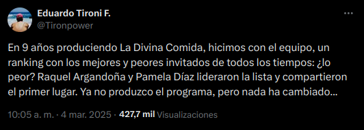 Tweet de Eduardo Tironi sobre La Divina Comida