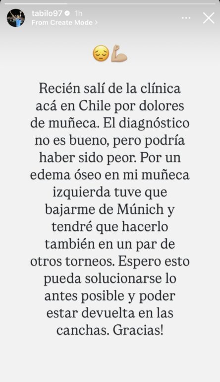 Alejandro Tabilo anuncia su baja de diversos torneos por complicada lesión.