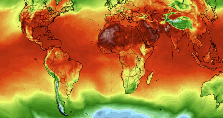 Mapa de calor en un planisferio para ilustrar nota sobre cómo el calentamiento global afectaría a la economía mundial
