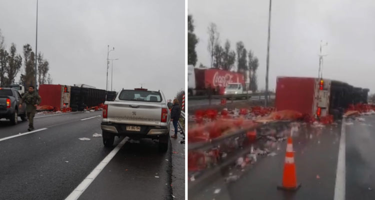 Camión colisiona con dos autos, cruza calzada y vuelca en Ruta 5 Sur: sus dos ocupantes fallecieron