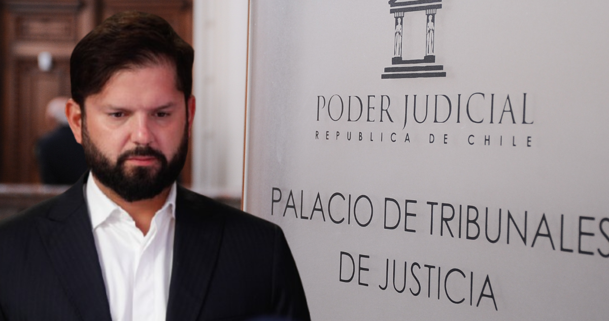 Imagen del presidente Boric y un letrero del Poder Judicial de Chile