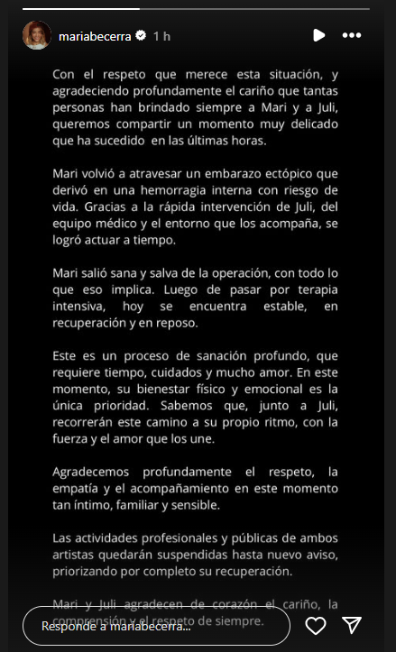 Comunicado sobre salud de María Becerra