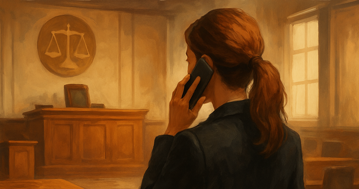Imagen generada con Inteligencia Artificial (IA) que muestra a una abogada al interior de una sala de un tribunal hablando por teléfono.