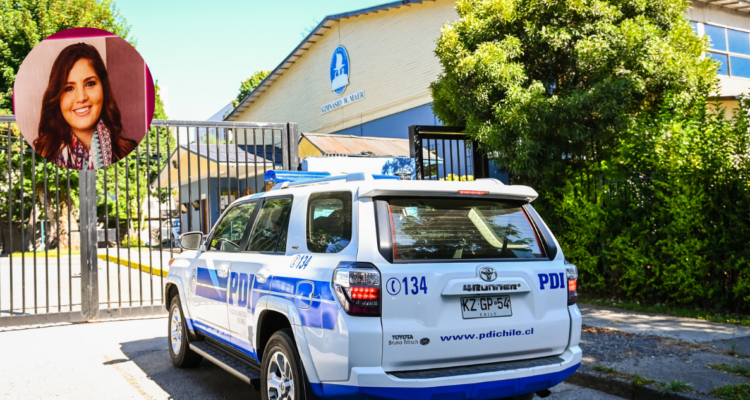 Vehículo de la PDI en el exterior de colegio donde fue asesinada Erica Hagan por petición efectuada por su madre