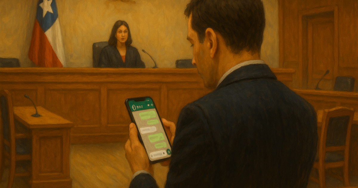 Imagen generada con Inteligencia Artificial (IA) de un hombre con traje al interior de un tribunal hablando por WhatsApp