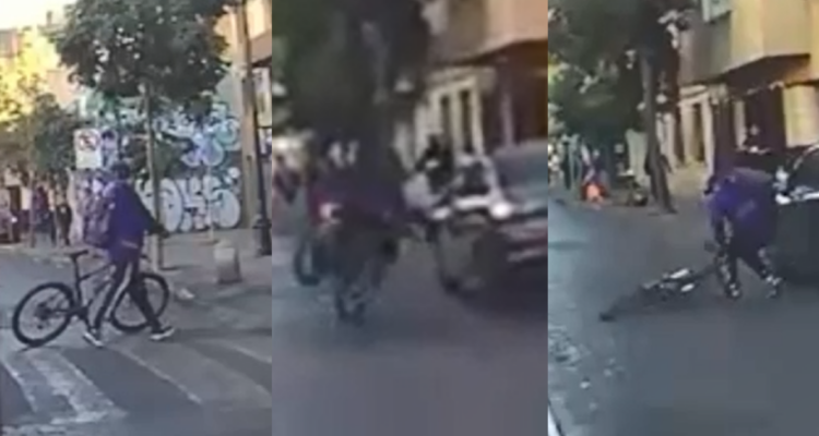 Karma: ciclista intentó golpear vehículo y acabó de una voltereta en el suelo por peleador