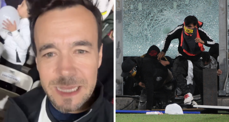 Eduardo de la Iglesia desde el estadio Monumental y fotografía de hinchas en referencia a tragedia en estadio