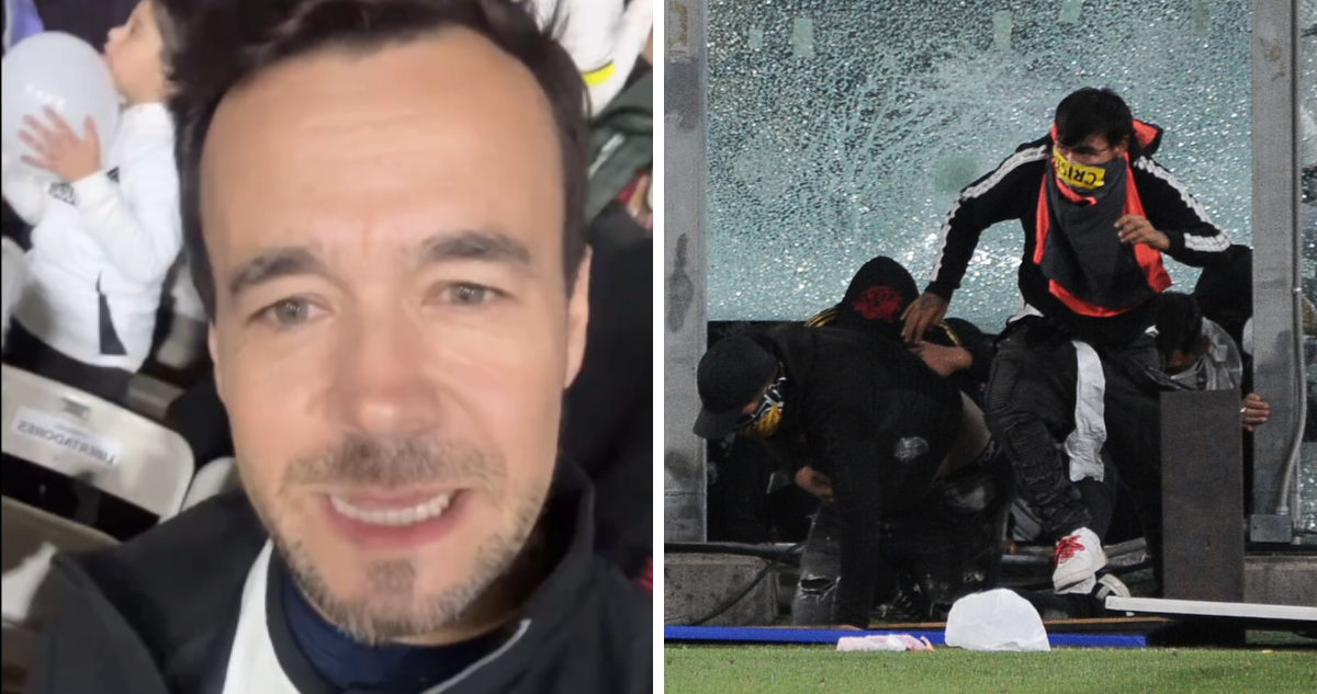 Eduardo de la Iglesia desde el estadio Monumental y fotografía de hinchas en referencia a tragedia en estadio