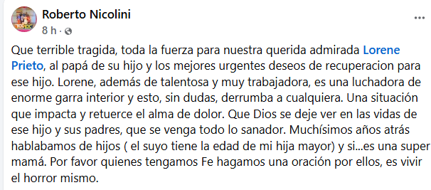 Imagen del mensaje de Roberto Nicolini a Lorene Prieto